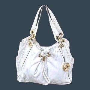 Michael Kors White Leather Shoulder Bag Large Purse Pocketbook Gold Hardware SEE